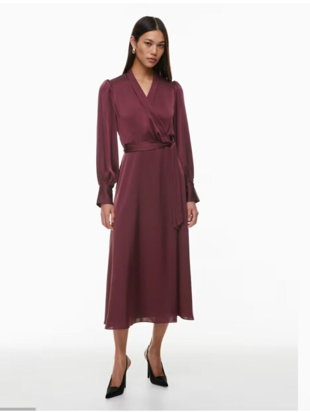 Babaton Wine-Red Long Sleeve Wrap Midi Dress